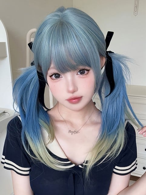 Length Hair Wig With 65CM Blue Cut Straight Color Bangs Hime Air Ombre