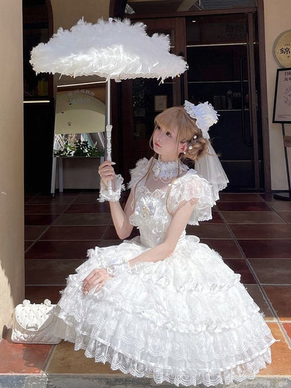 Hanayome White Dress Hime Butterfly Bodice Lolita Tiered Skirt Fabric Angel