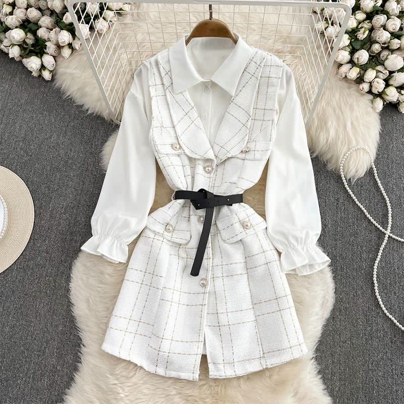 Lattice Print Belted Vest Long Sleeve Shirt Set