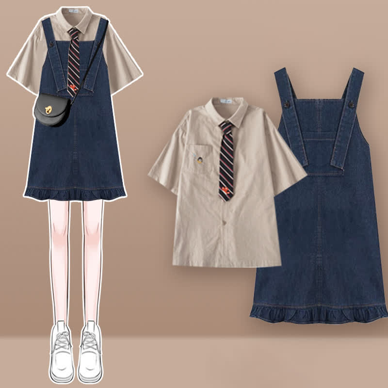 Pocket Lapel Tie T-Shirt Denim Overall Dress Set