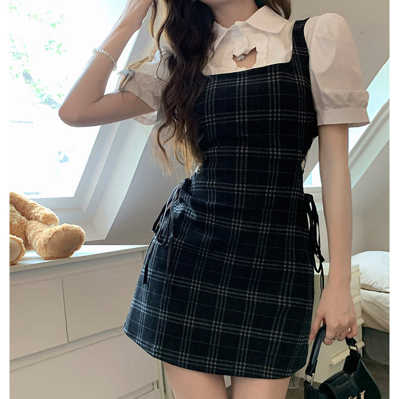 Love Heart Hollow Out T-Shirt Lace Up Plaid Dress Set