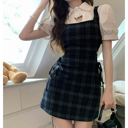 Love Heart Hollow Out T-Shirt Lace Up Plaid Dress Set