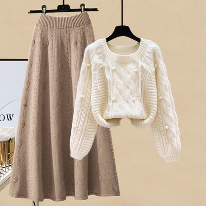 Pills Decor Cable Knit Sweater Skirt Set