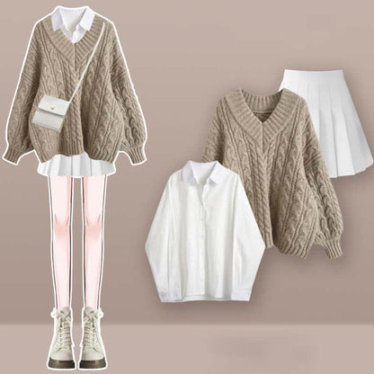 V-neck Cable Sweater Lapel Shirt Pleated Skirt Set