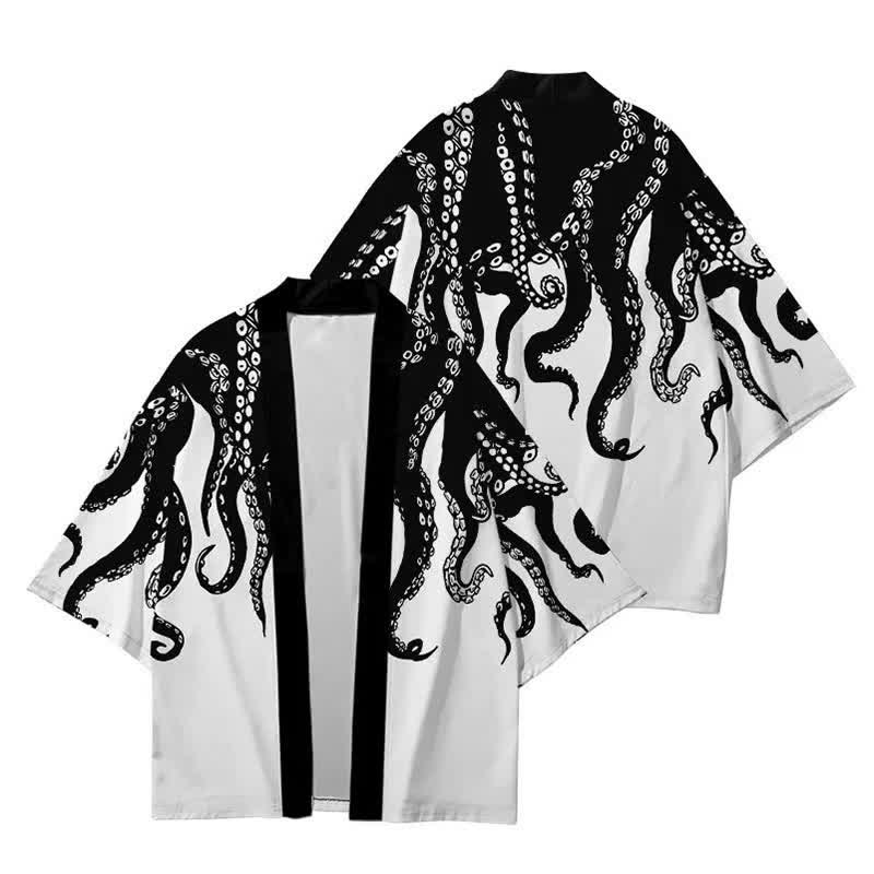 Colorblock Octopus Print Cardigan Kimono Outerwear