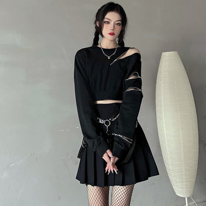 Y2K Zipper Short Sweatshirt Waistband Pleated Skirt Set