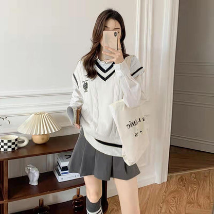 Kawaii Vest Shirt Pleated Skirt Set