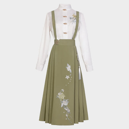 Buckle Floral Embroidery Green Dress Set