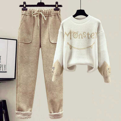 Monster Letter Sweater Fleece Vest Casual Pants Set