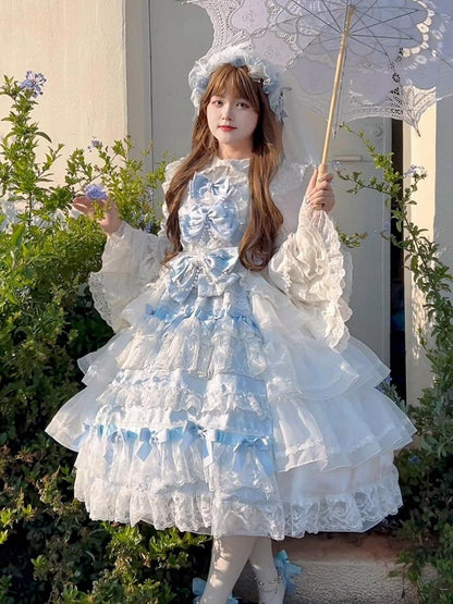 Dress JSK Decoration Hanayome Lolita Set Full Hime Skirt Tiered and White Blue Bows