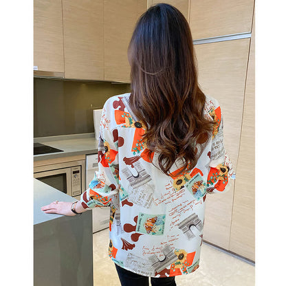 Chic Floral Letter Print Chiffon Shirt Workwear