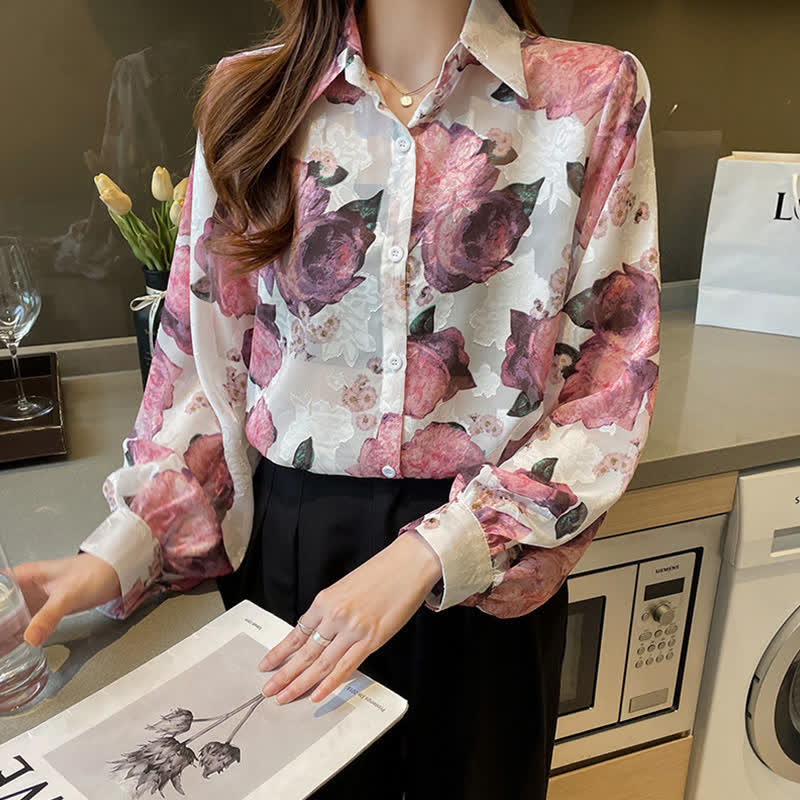 Pink Floral Embroidery Puff Sleeve Chiffon Shirt Workwear