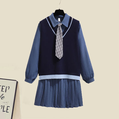 Preppy style Knit Vest Lapel Tie Pleated Shirt Dress Set