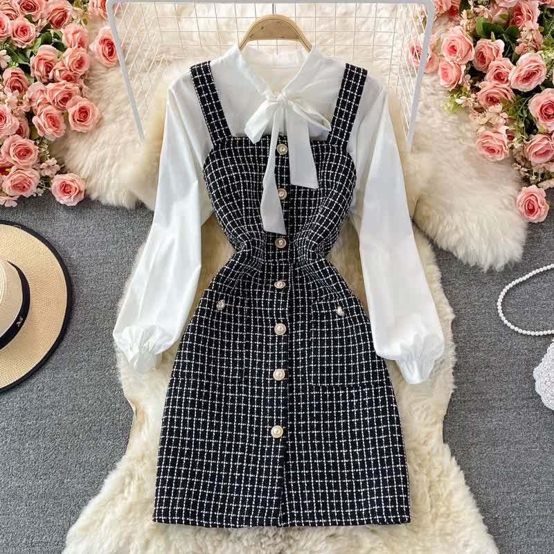 Elegant Plaid Slip Dress Lace Up Shirt Set