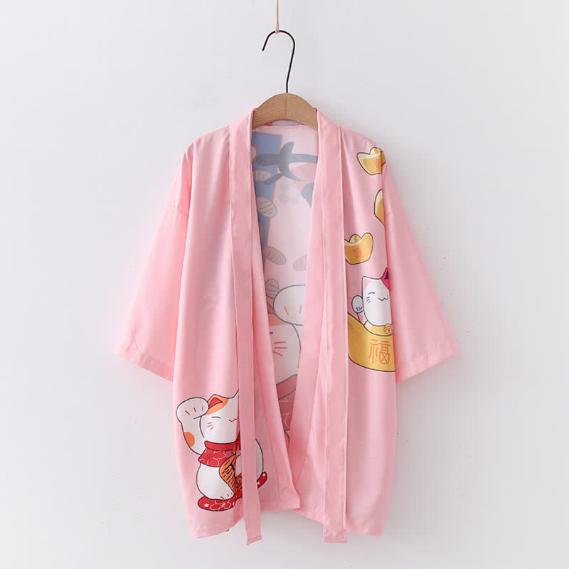 Cardigan imprimé lettre Lucky Cat Kimono Vêtements d'extérieur