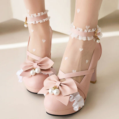 Sweet Bow Decor Lace Chunk Heel Sandals