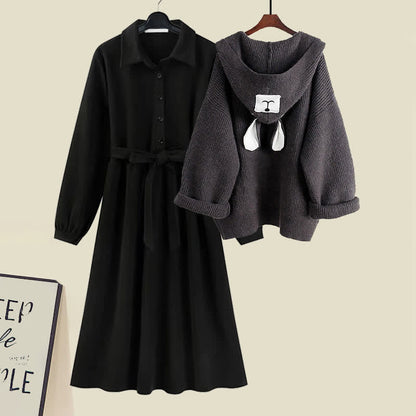 Bear Ears Hooded Cardigan Sweater Belted Lapel Dress