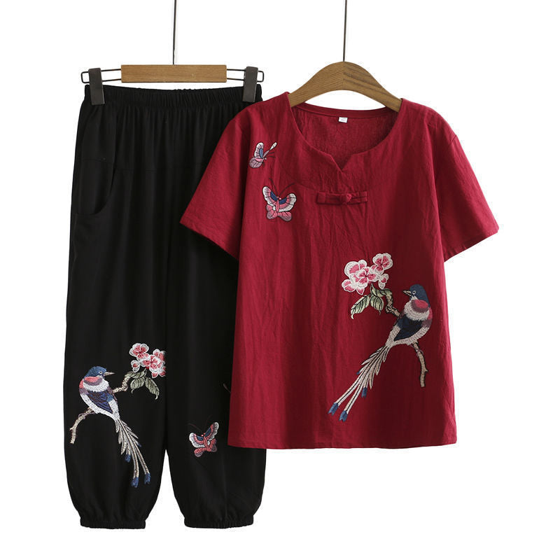 Vintage Bird Embroidery Buckle T-Shirt Pants Set