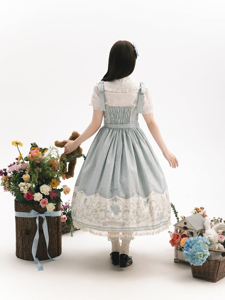 Blue Jumper Floral and Titmouse Print Skirt Lolita