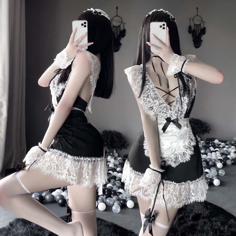 Cosplay Black Bow Maid Deep Lace Lingerie Dress