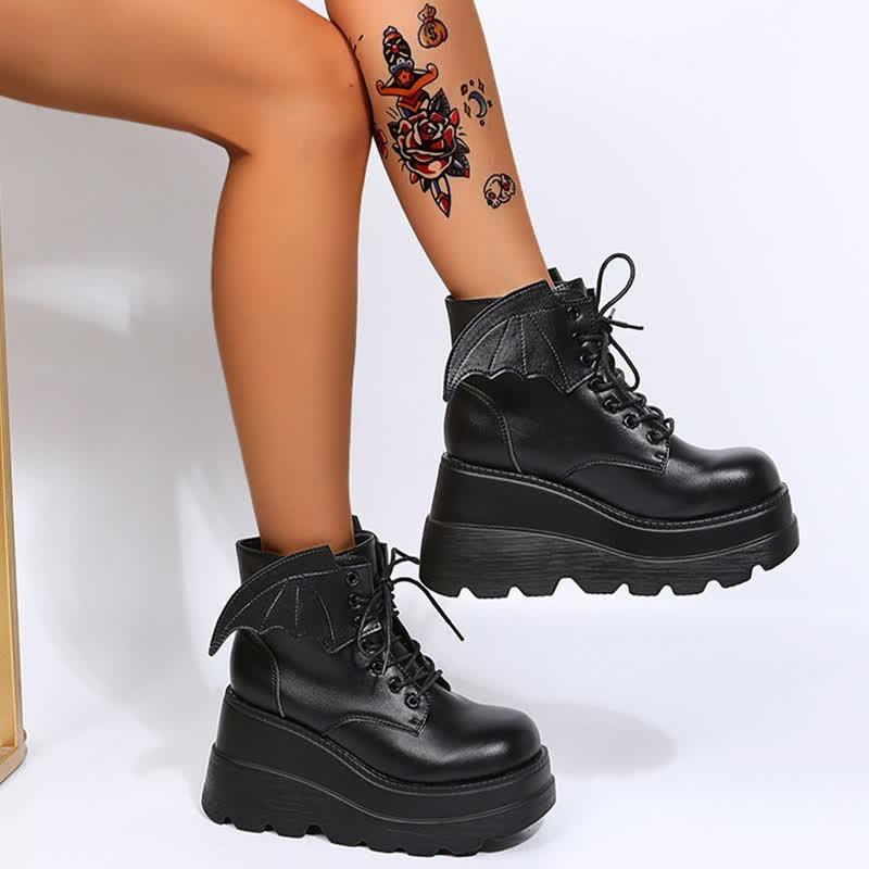 Black Punk Goth Wings Lace Up High Wedge Boots