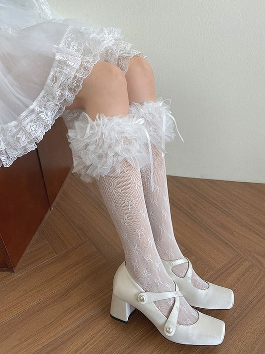 Cuffs White Details Socks Ruffled Lace Bowknot Calf