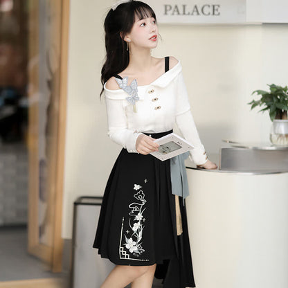 Sweet Embroidery Off The Shoulder Butterfly Shirt Irregualr Bow Pleated Skirt