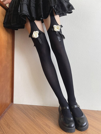 Suspender Bowknot Camellia Tights Black/White