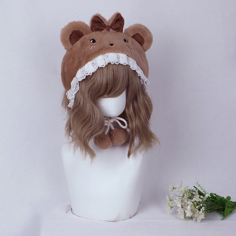 Cartoon Bunny Bear Ears Lace Lolita Plush Hat