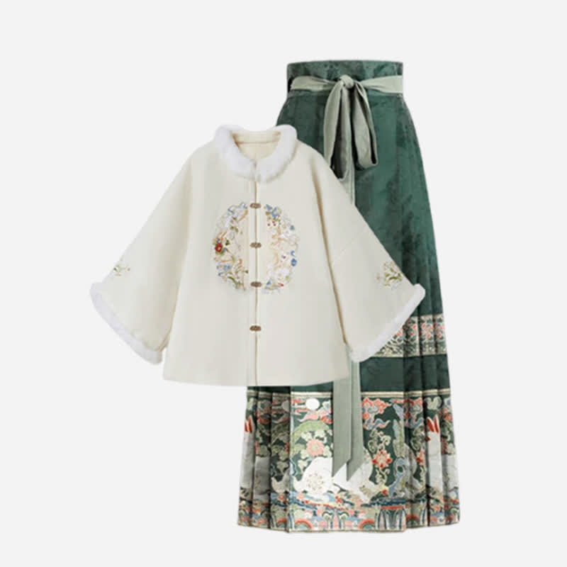 Vintage Embroidery Coat Green High Waist Pleated Skirt