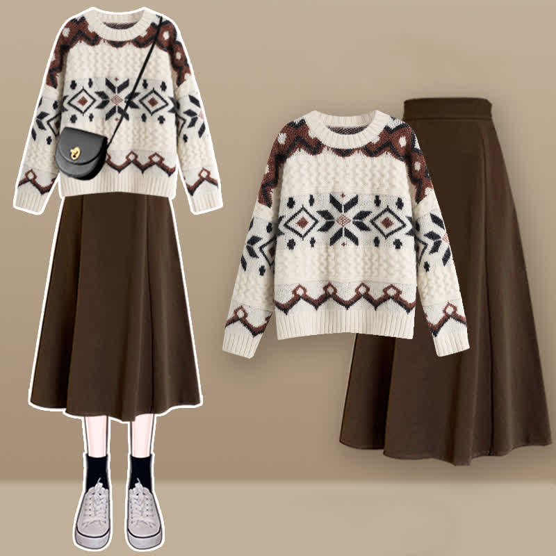 Colorblock Round Collar SweaterMidi Skirt