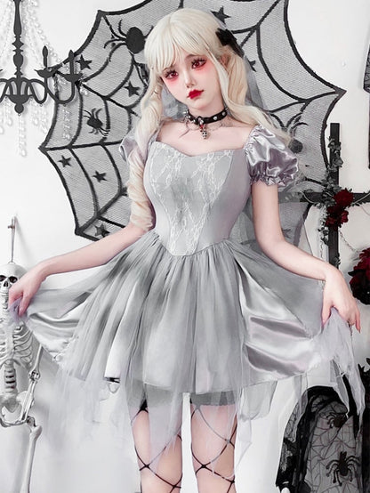 Halloween Gray Puff Sleeves Dress Costume