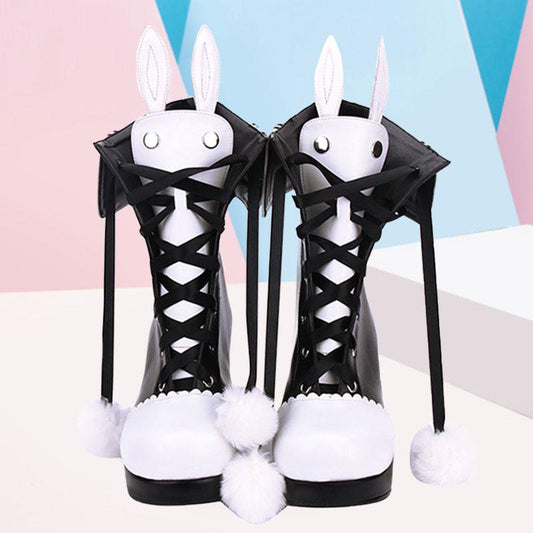 Black Bunny Ears Lace-up Fuzzy Ball Collar High Heel Boots