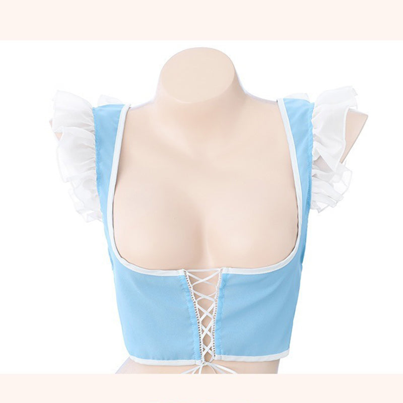 Blue Sexy Lace Up Puff Sleeve Maid Lingerie Set