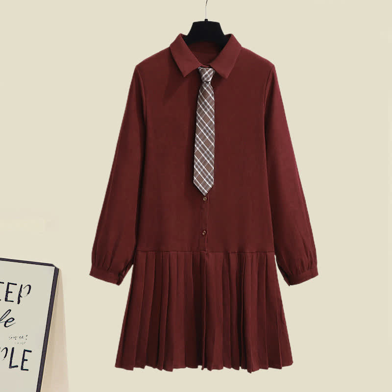 Lapel Tie Pleated Shirt Dress Rhombus Print Vest Set