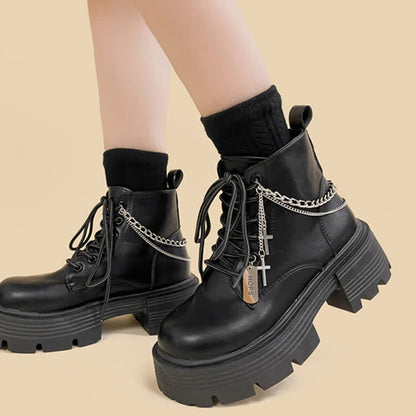 Cross Chain Decor Platform Round Toe Boots