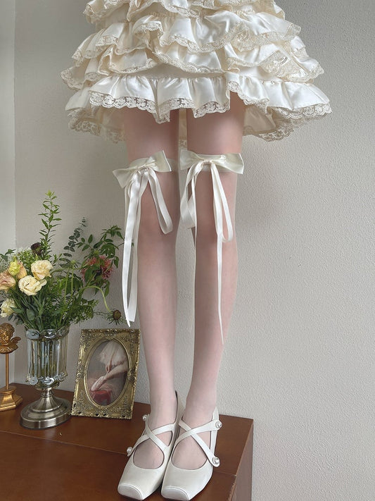 Milk White/Black Bowknot Semi-sheer Stockings Overknee Design