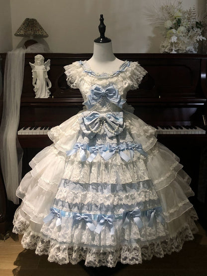 Hanayome and Hime Dress Blue Lolita Decoration White Skirt Bows Tiered