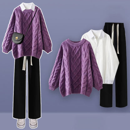 Purple Cable Round Collar Sweater Lapel Shirt Pants Set