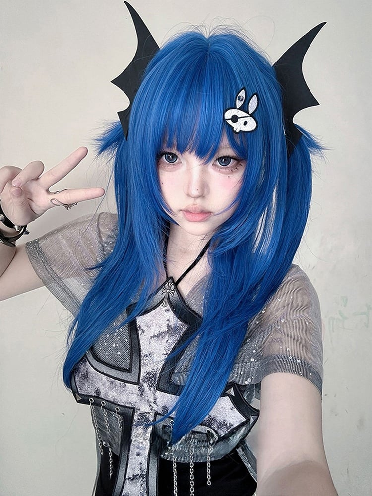 Bangs 63CM Straight Blue With Wig Length Full