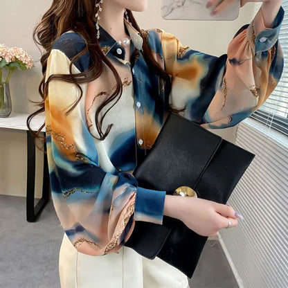 Fashion Colorblock Tie-dye Print Puff Sleeve Shirt