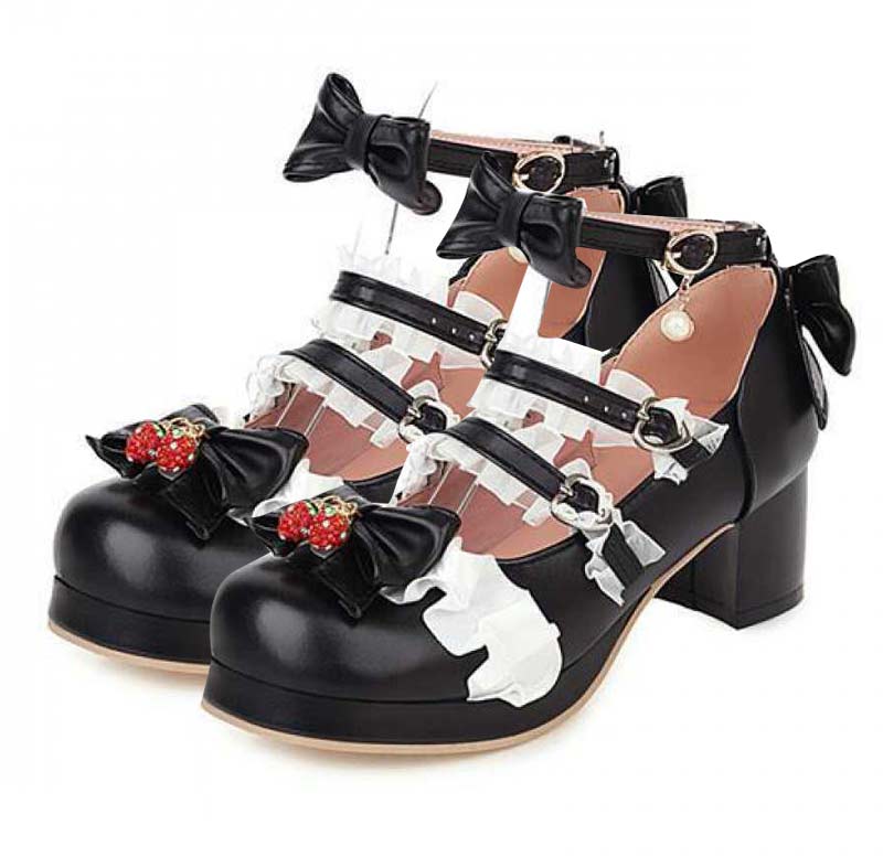 Kawaii Lace Bow Lolita Kitten Heel Mary Janes Shoes