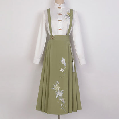 Buckle Floral Embroidery Green Dress Set