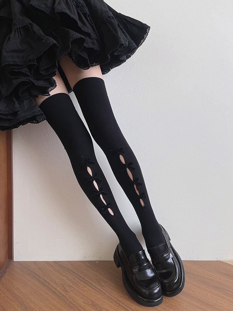 Stockings Cut-out Black/White Overknee Bowknot Design