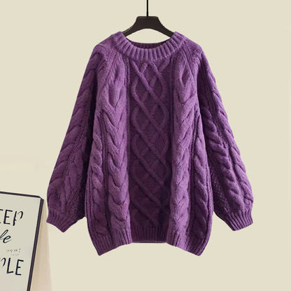 Purple Cable Round Collar Sweater Lapel Shirt Pants Set