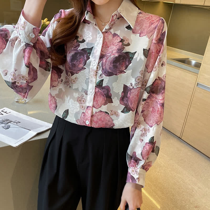 Pink Floral Embroidery Puff Sleeve Chiffon Shirt Workwear