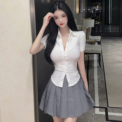 Pure Color Lapel T-Shirt Pleated Skirt Set