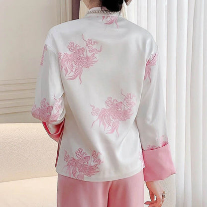 Vintage Floral Embroidery Buckle Long Sleeve Satin Shirt