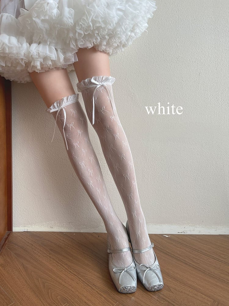 Stockings White/Light Overknee Yellow/Black Lace Trim Bowknot Details