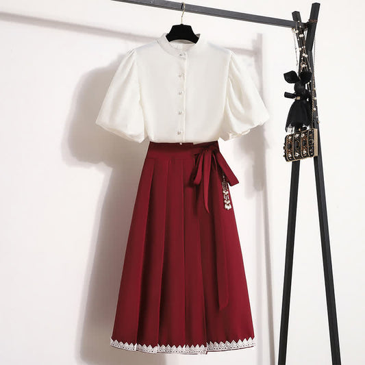 Elegant Pure Color Puff Sleeve T-Shirt Lace Up Pleated Skirt